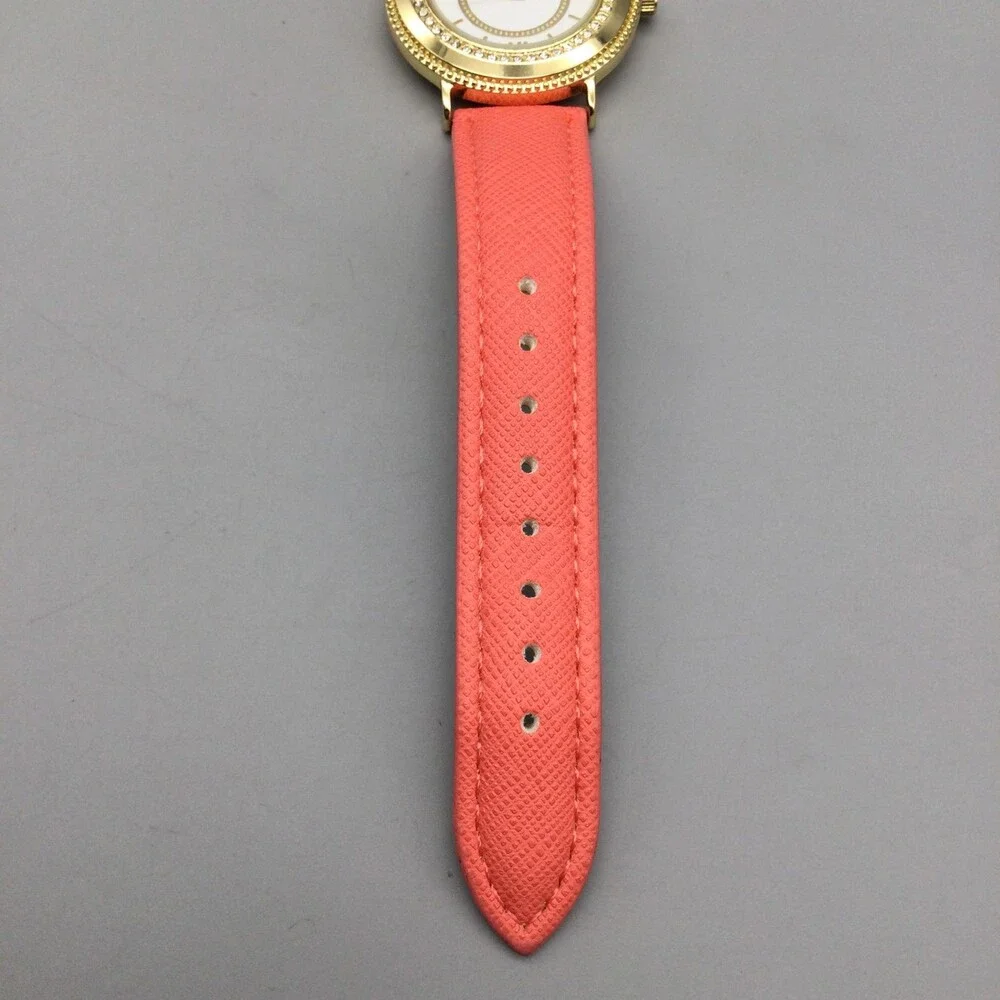 L&Co Womens Watch 36mm White Dial Gold Tone Pink Strap Crystals New Battery